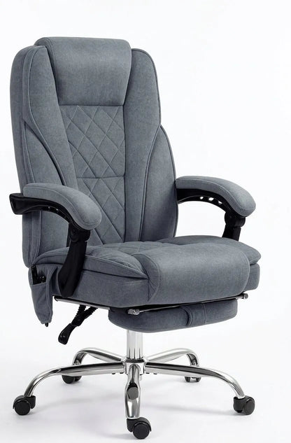 Fauteuil de bureau gris en tissu, dossier haut, repose-pieds escamotable, base chromée