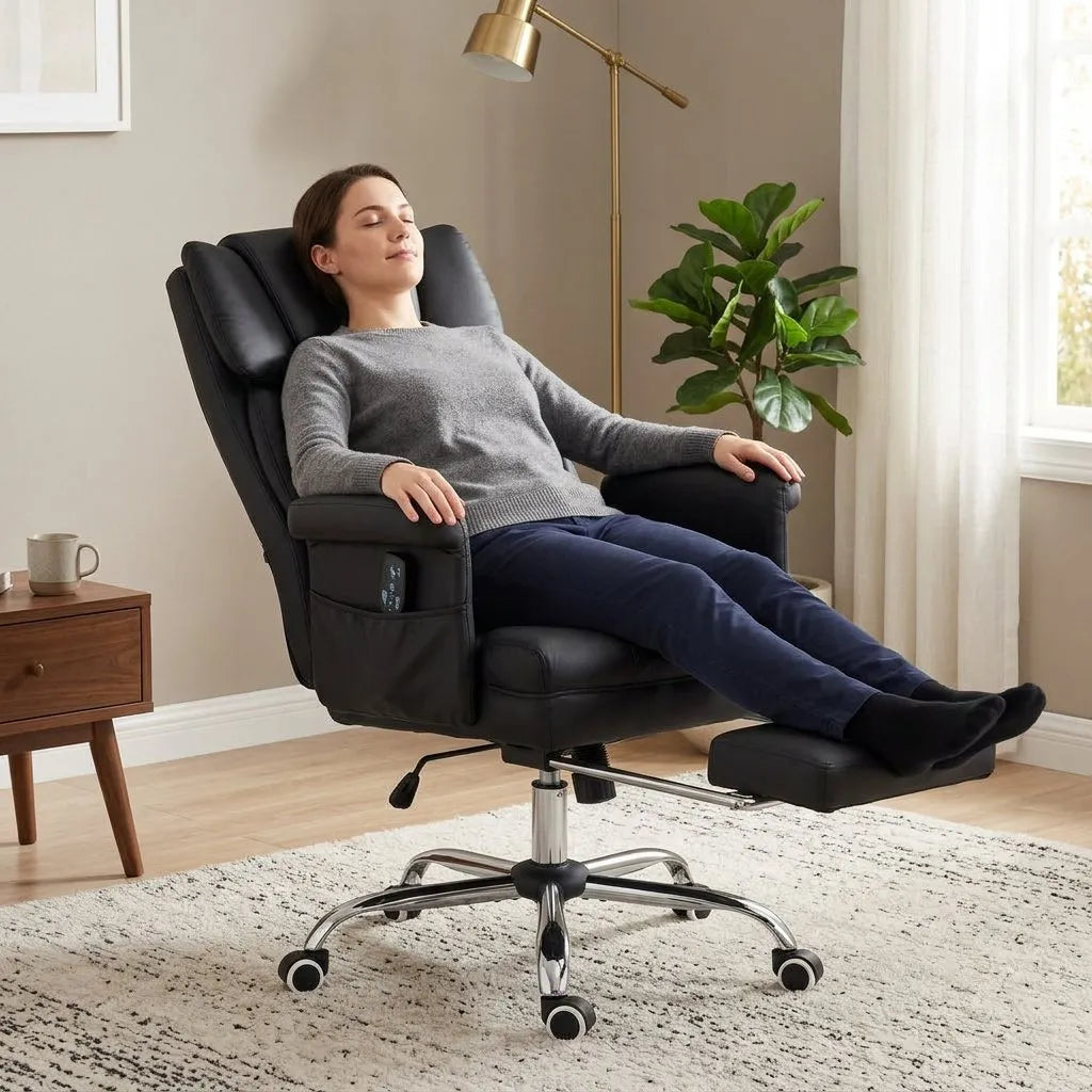 Fauteuil de bureau massant noir en position inclinée, repose-pieds déplié, personne allongée.