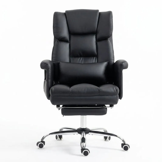 Fauteuil de bureau massant noir avec repose-pieds, dossier haut et accoudoirs rembourrés.