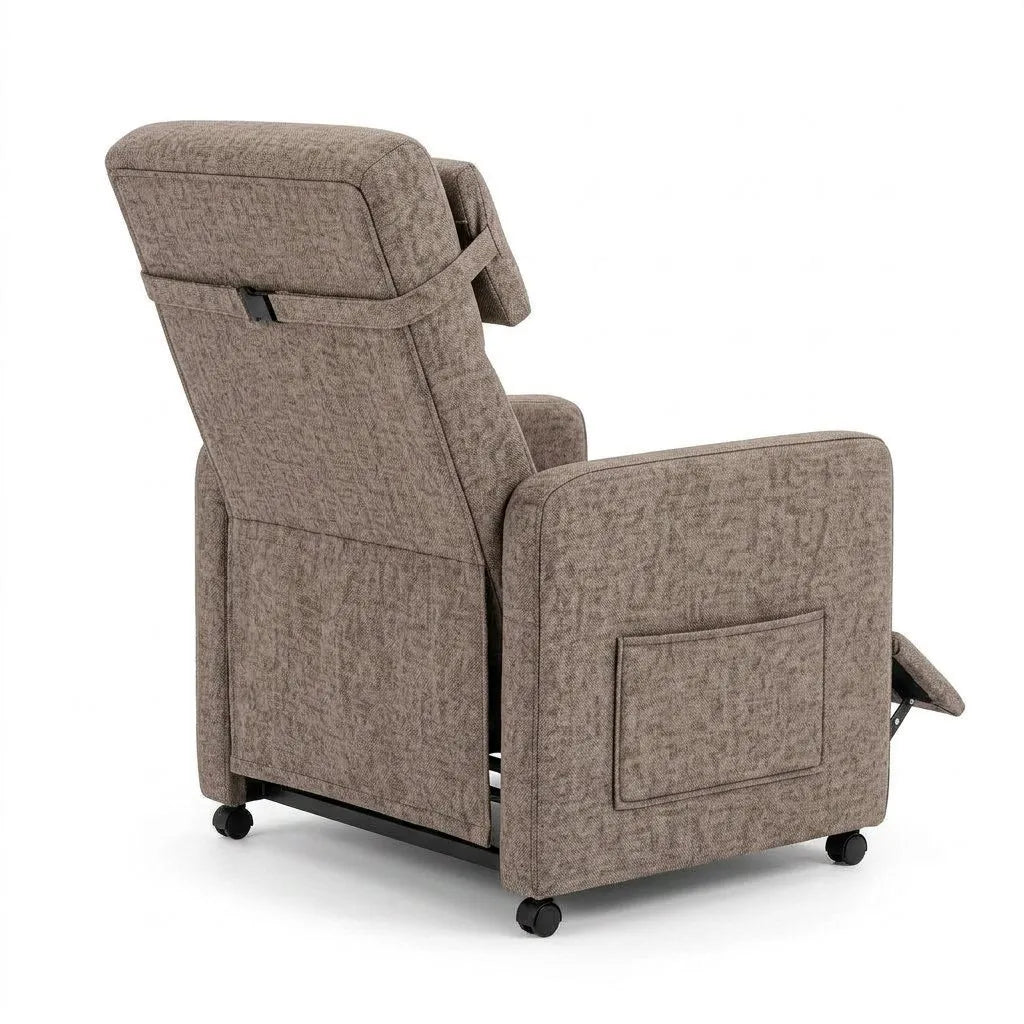 Fauteuil inclinable en lin marron, accoudoirs et base sur roulettes