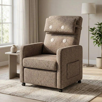 Fauteuil inclinable en lin marron avec coussins à boutons et base sur roulettes