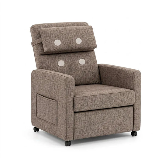 Fauteuil inclinable en lin marron, dossier haut et coussins à boutons, vue de face