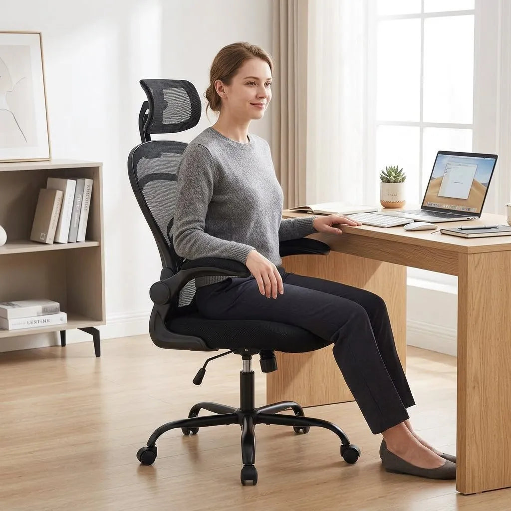 Fauteuil de bureau noir à dossier en maille, accoudoirs rabattables et soutien lombaire
