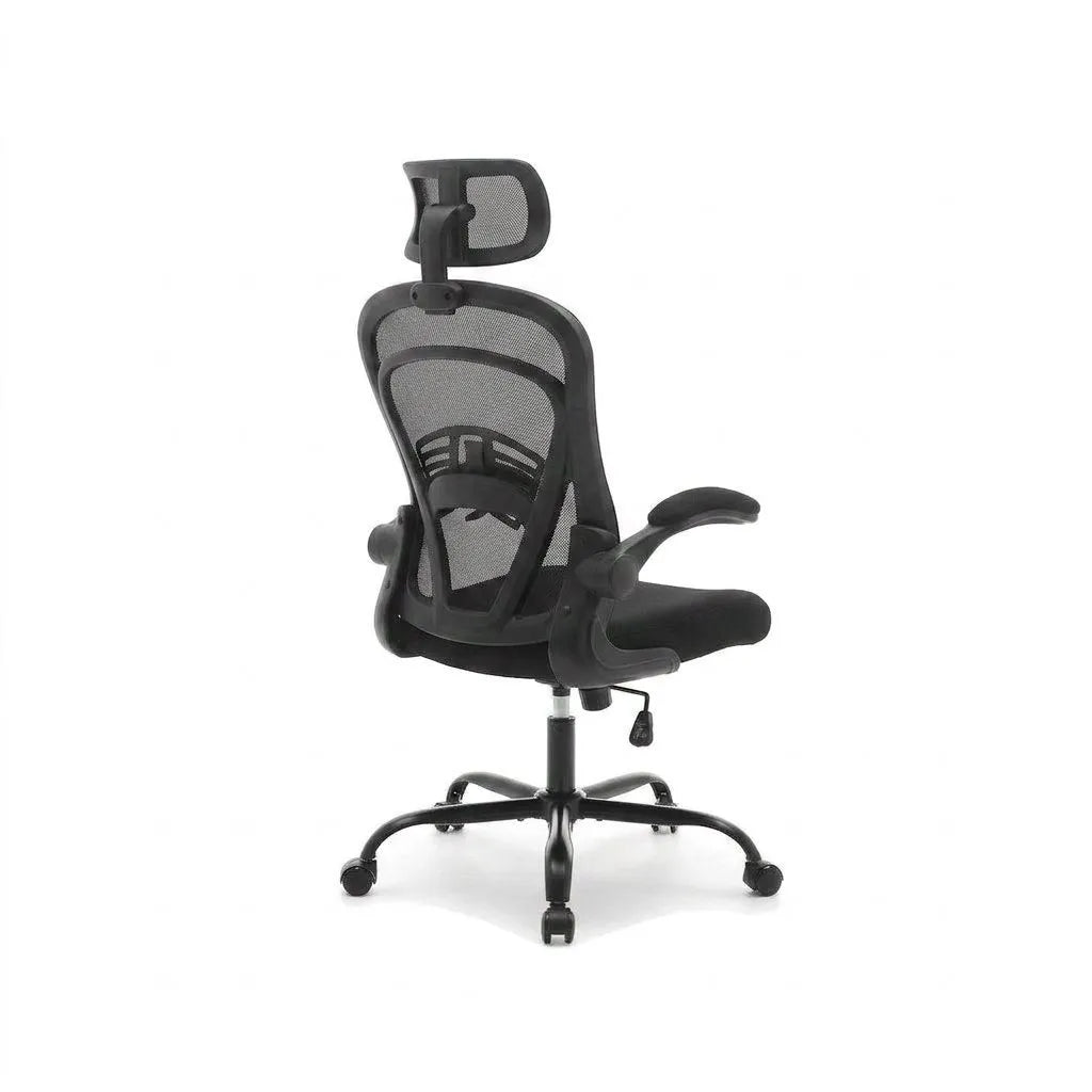 Fauteuil de bureau noir avec dossier en maille grise, accoudoirs rabattables