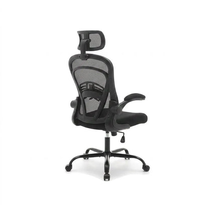 Fauteuil de bureau noir avec dossier en maille grise, accoudoirs rabattables