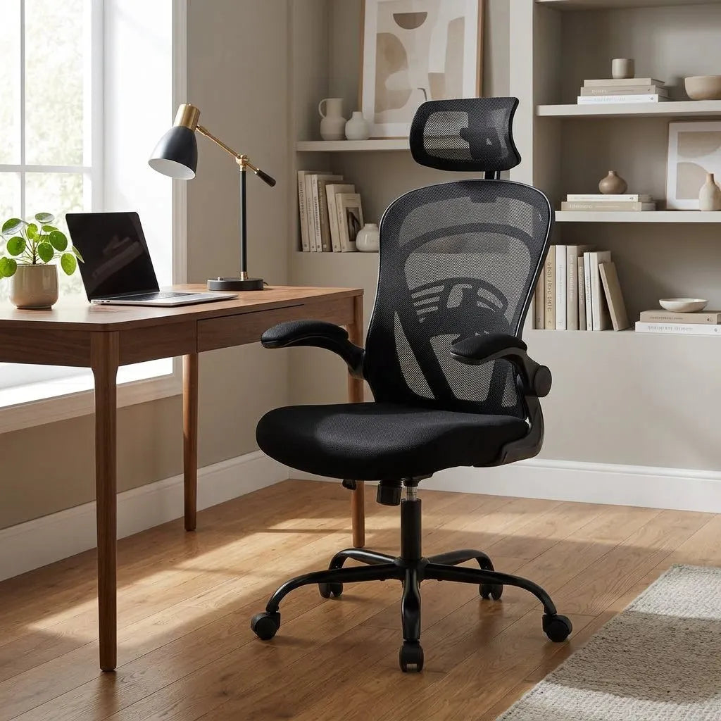 Fauteuil de bureau noir à roulettes, dossier en maille avec soutien lombaire