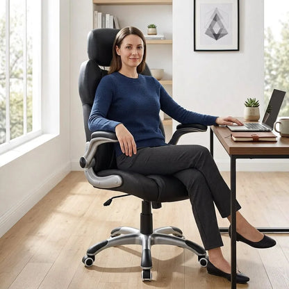 Fauteuil de bureau ergonomique noir, accoudoirs, assise et dossier capitonnés