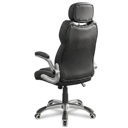 Fauteuil de bureau noir, dossier haut, coutures verticales, repose-bras, base à roulettes