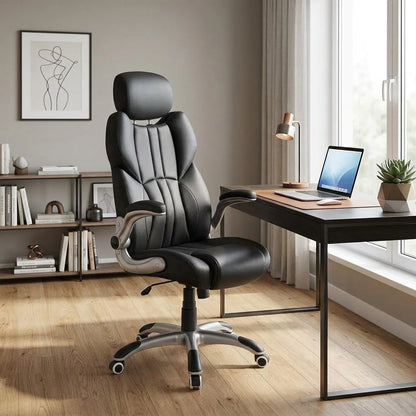 Fauteuil de bureau noir à dossier haut, accoudoirs, coque capitonnée, base métal