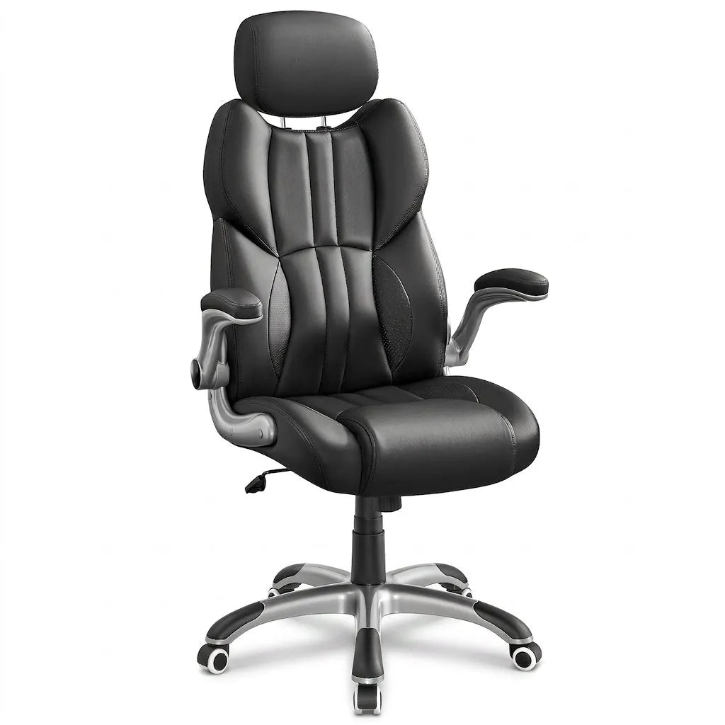 Fauteuil de bureau noir, dossier rembourré, capitonnage en lignes, appui-bras, piètement métal