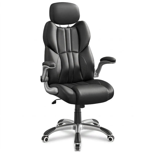 Fauteuil de bureau noir, dossier rembourré, capitonnage en lignes, appui-bras, piètement métal