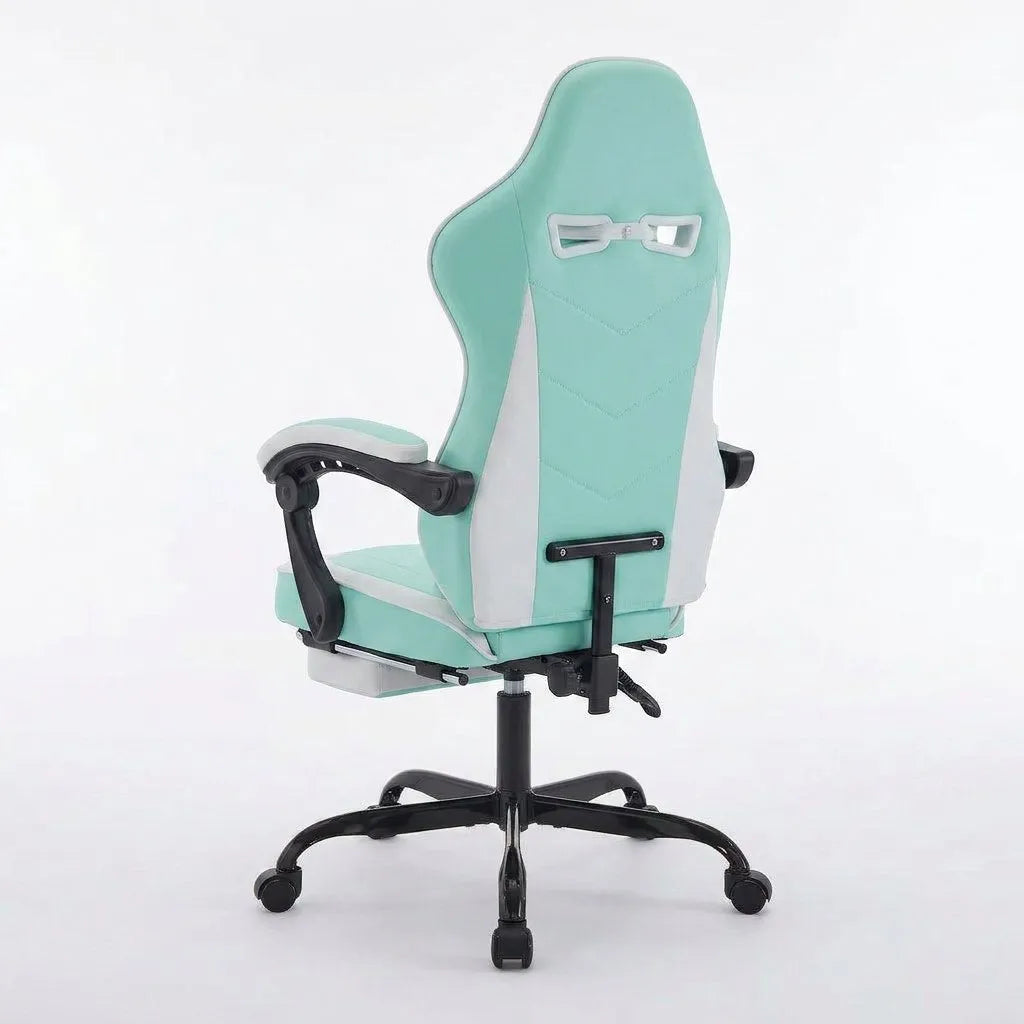 Fauteuil de bureau ergonomique vert menthe vue arrière, avec repose-pieds et piétement.