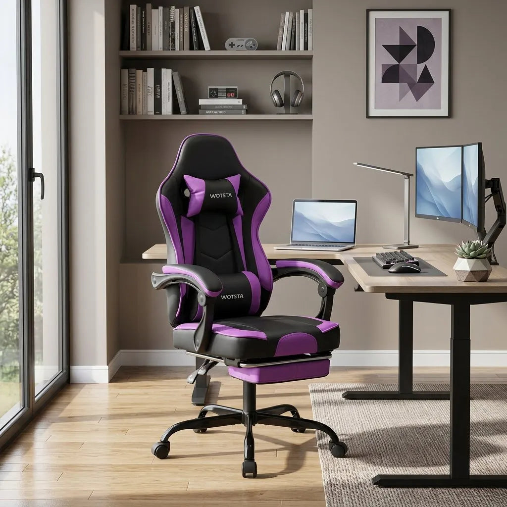 Fauteuil de bureau ergonomique violet et noir avec repose-pieds et coussin lombaire.