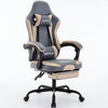 Fauteuil de bureau ergonomique gris avec accoudoirs, coussins clairs et repose-pieds.