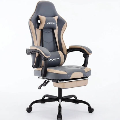 Fauteuil de bureau ergonomique gris avec accoudoirs, coussins clairs et repose-pieds.