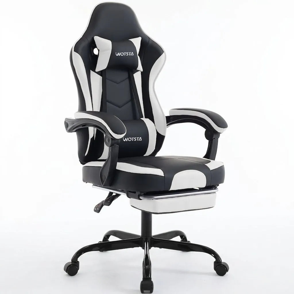 Fauteuil de bureau ergonomique noir et blanc avec repose-pieds et support lombaire.