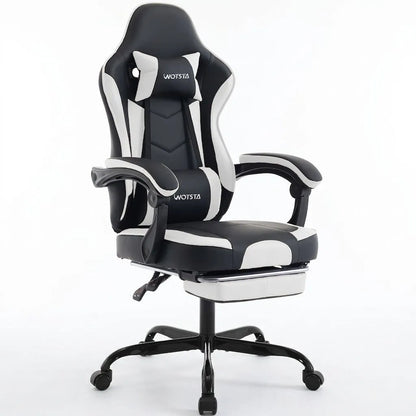Fauteuil de bureau ergonomique noir et blanc avec repose-pieds et support lombaire.