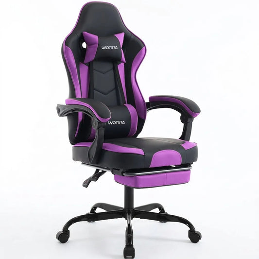 Fauteuil de bureau ergonomique violet avec accoudoirs et repose-pieds intégré.