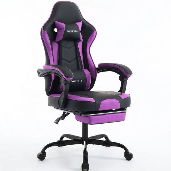Fauteuil de bureau ergonomique violet avec accoudoirs et repose-pieds intégré.