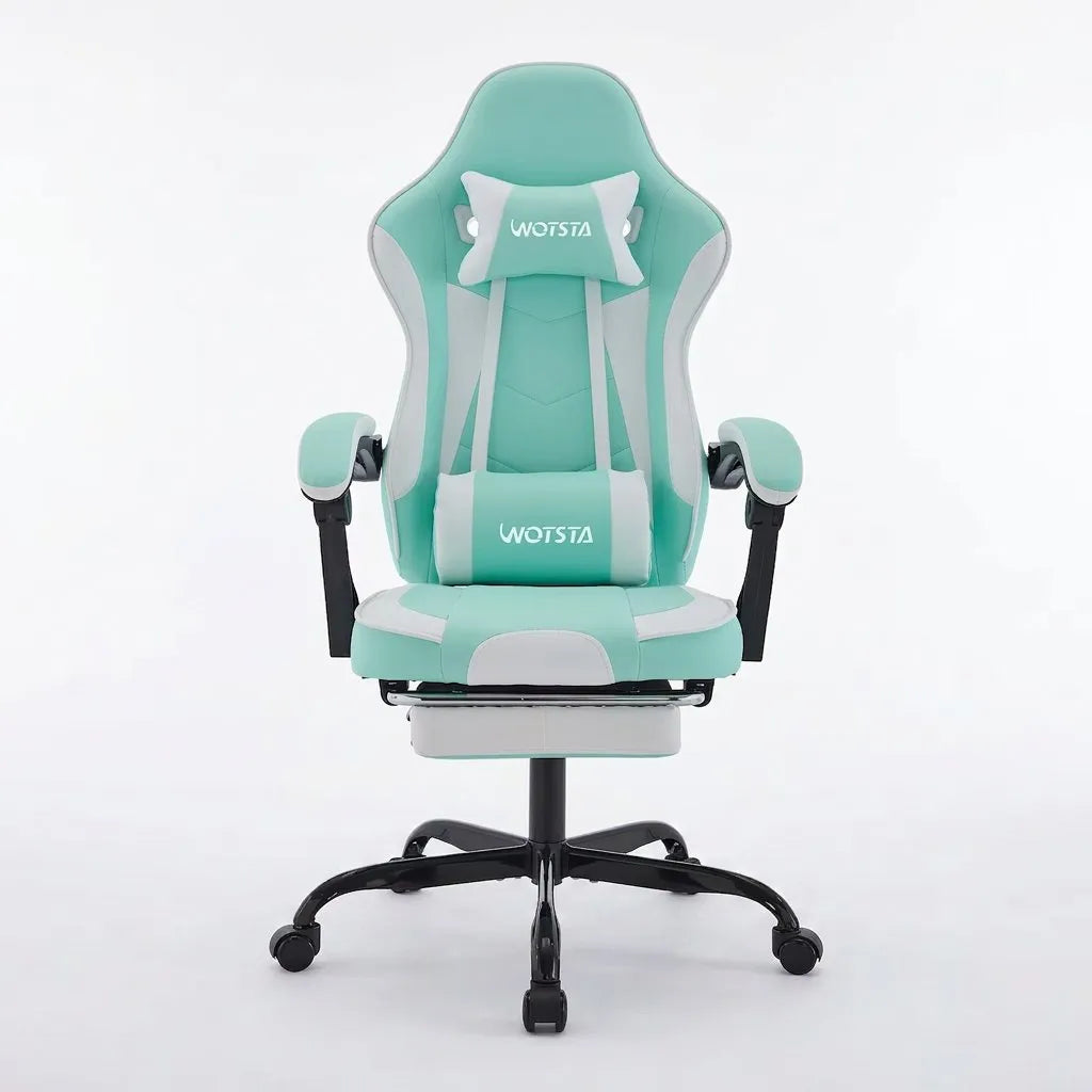 Fauteuil de bureau ergonomique menthe avec coussins assortis et repose-pieds.