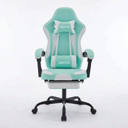 Fauteuil de bureau ergonomique menthe avec coussins assortis et repose-pieds.