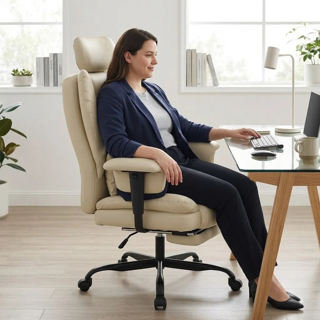 Fauteuil de bureau inclinable beige avec repose-pieds, dossier haut et accoudoirs, base à roulettes