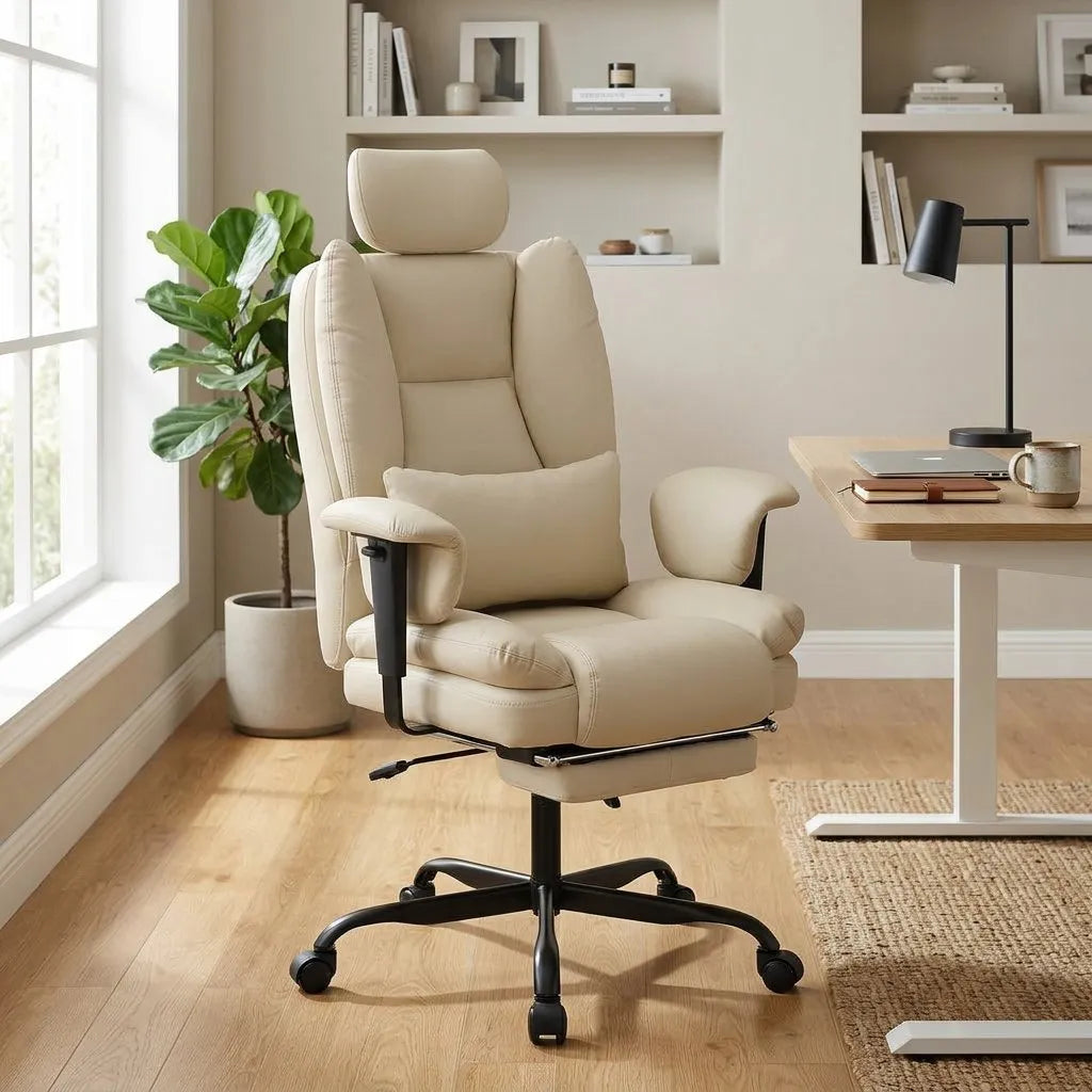 Fauteuil de bureau inclinable beige avec repose-pieds intégré et dossier haut, base noire à roulettes