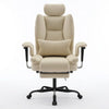 Fauteuil de bureau beige avec dossier haut, accoudoirs et repose-pieds, vue de face sur base à roulettes