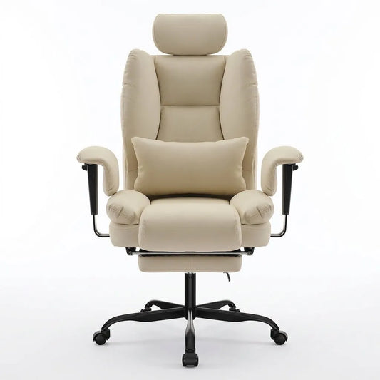 Fauteuil de bureau beige avec dossier haut, accoudoirs et repose-pieds, vue de face sur base à roulettes