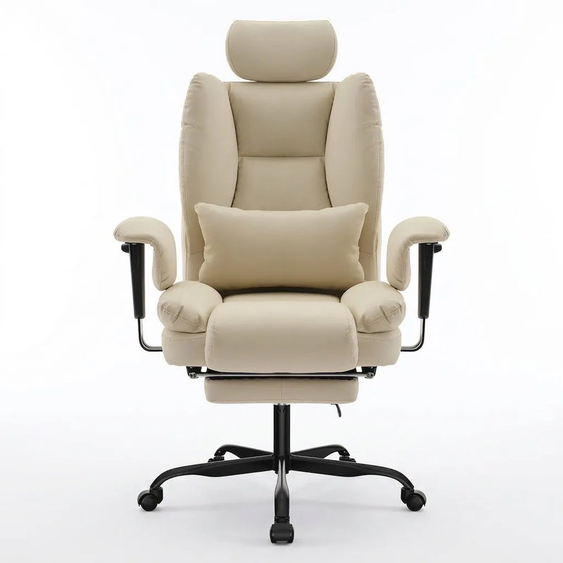 Fauteuil de bureau beige avec dossier haut, accoudoirs et repose-pieds, vue de face sur base à roulettes