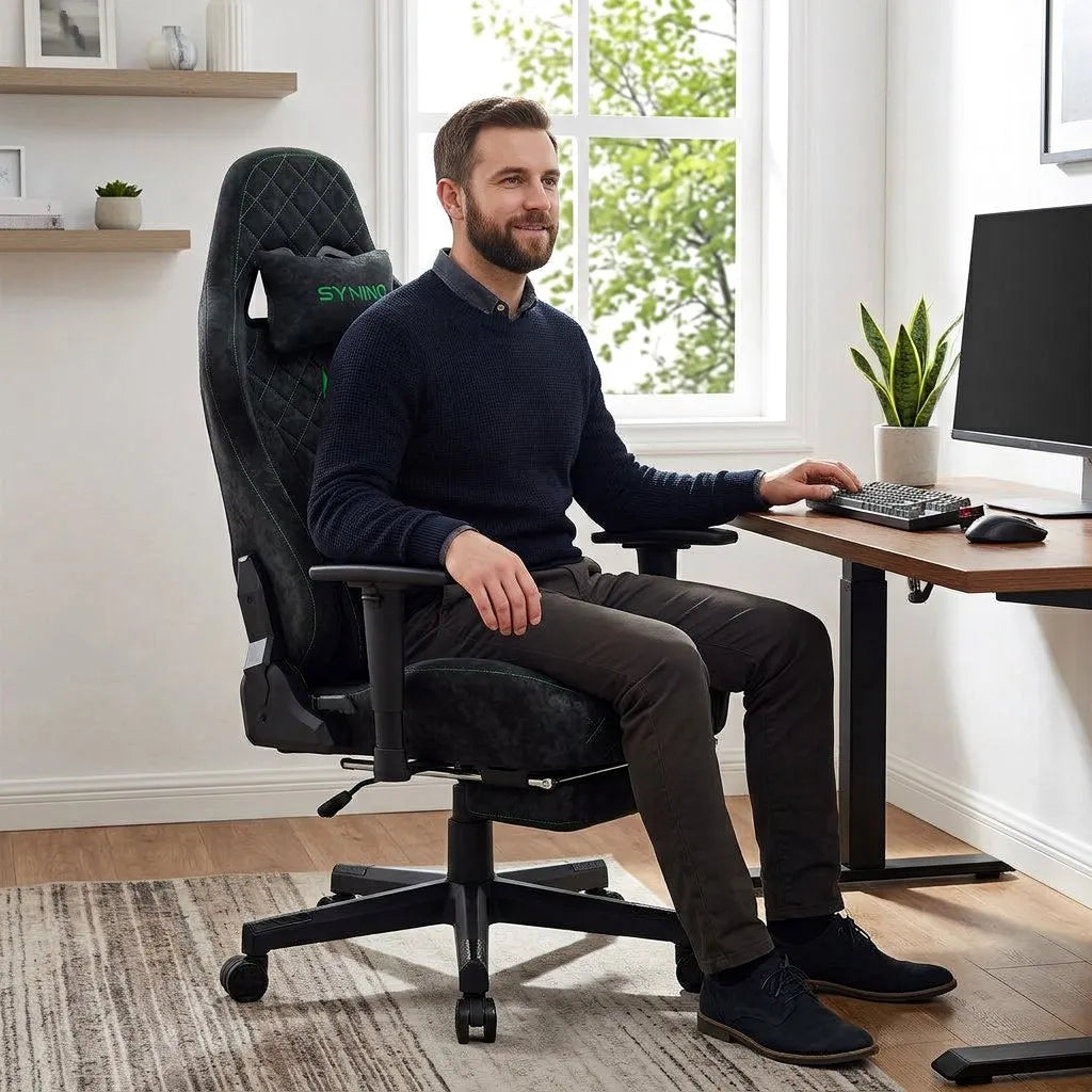 Fauteuil de bureau gaming noir, dossier haut capitonné, accoudoirs et base à roulettes