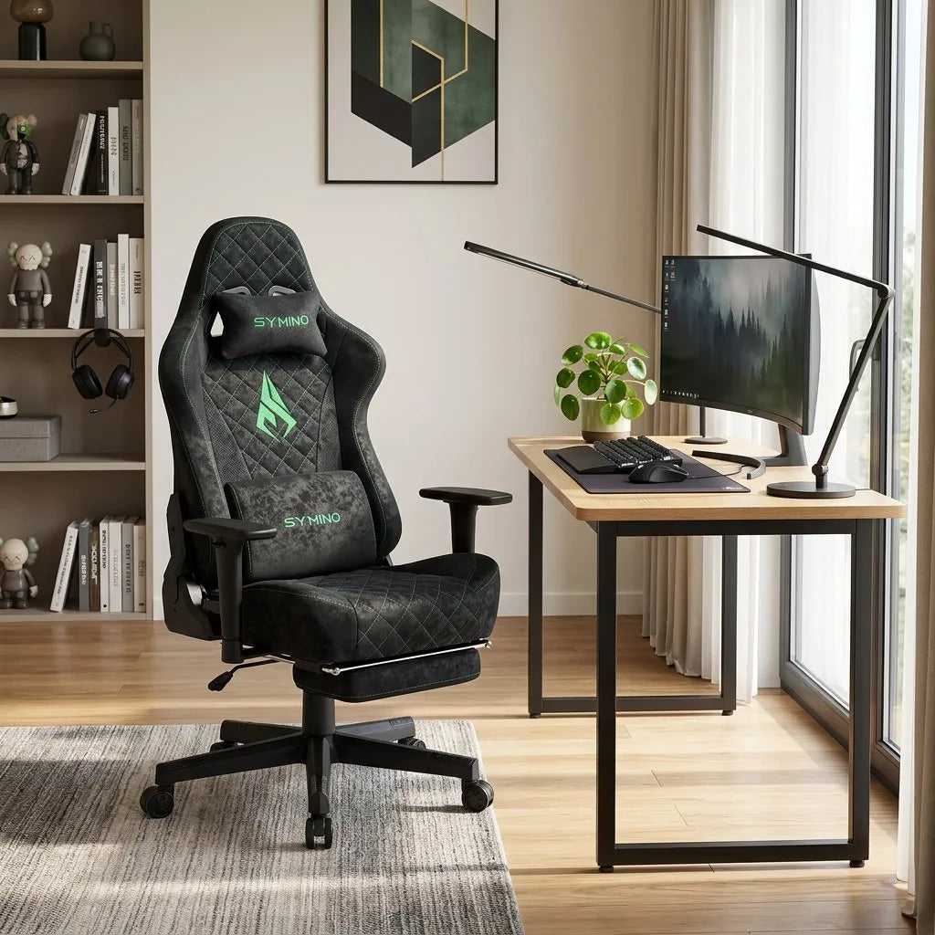 Fauteuil de bureau gaming capitonné, dossier haut et accoudoirs, base noire à roulettes