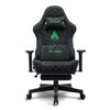 Fauteuil de bureau gaming sombre, dossier haut capitonné, accoudoirs, repose-pieds amovible