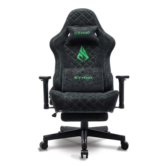 Fauteuil de bureau gaming sombre, dossier haut capitonné, accoudoirs, repose-pieds amovible