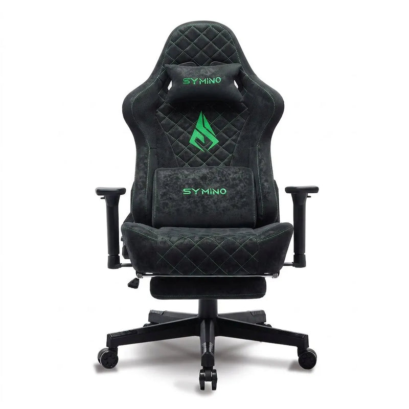 Fauteuil de bureau gaming sombre, dossier haut capitonné, accoudoirs, repose-pieds amovible