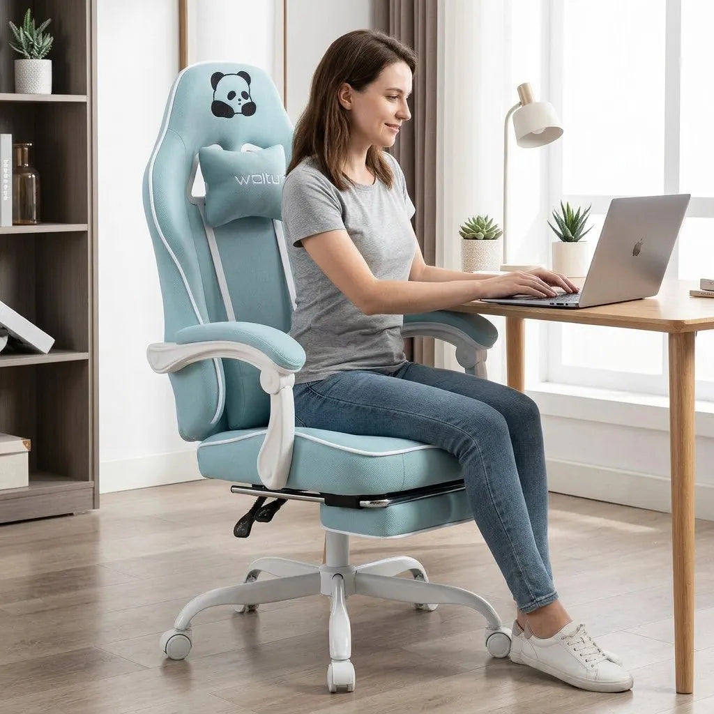 Fauteuil de bureau pivotant bleu clair à dossier haut et repose-pieds intégré