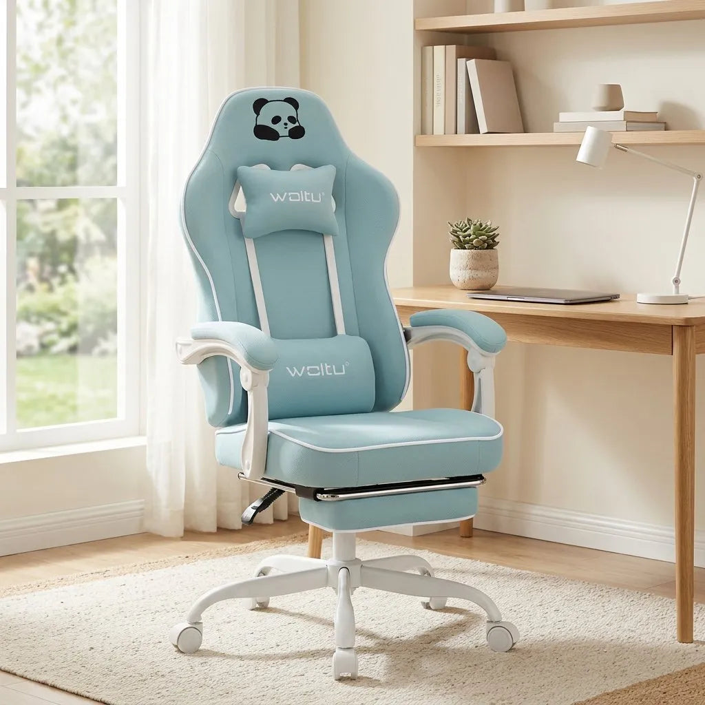 Fauteuil de bureau pivotant bleu clair avec repose-pieds intégré et accoudoirs