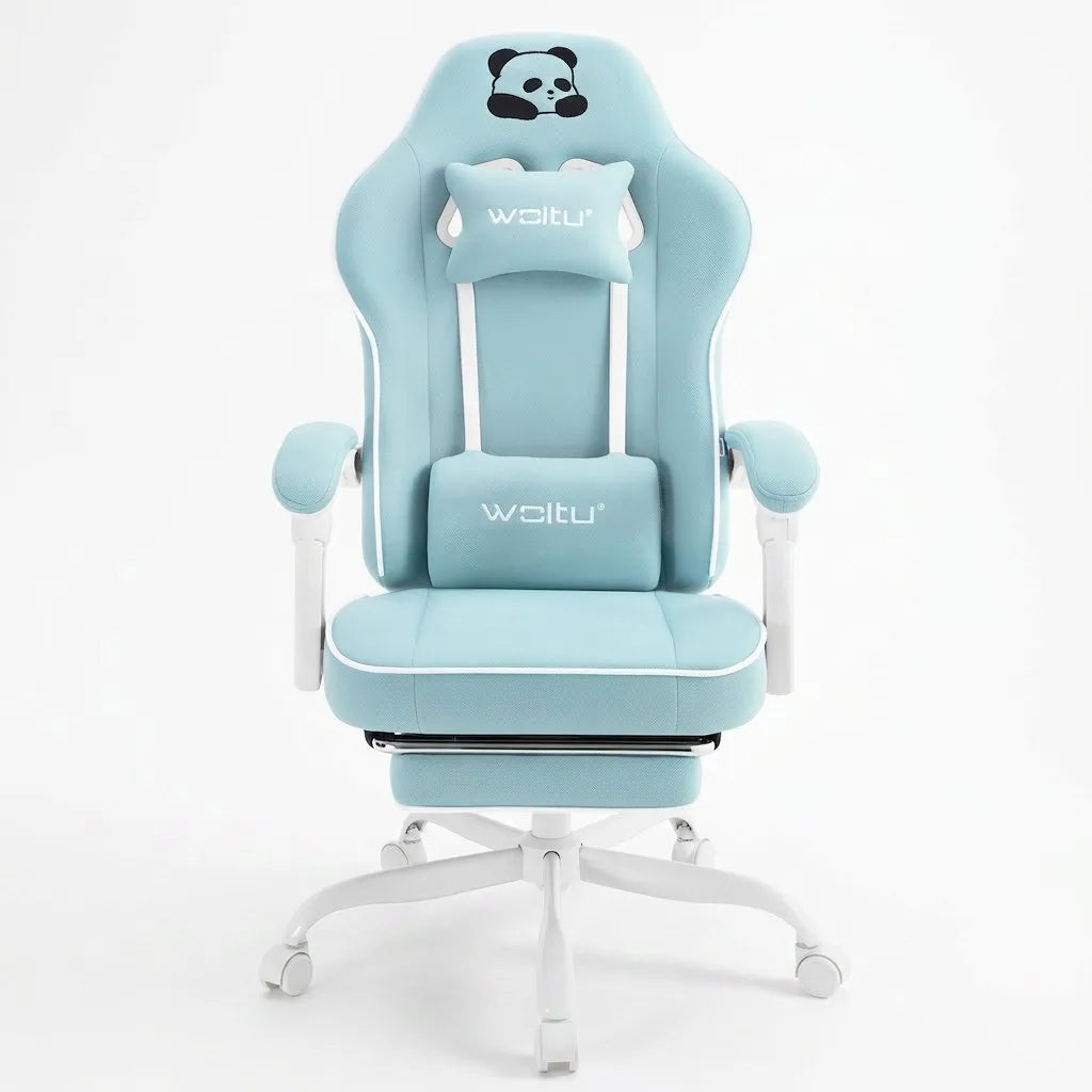 Fauteuil de bureau pivotant bleu clair, dossier haut à motif panda et repose-pieds