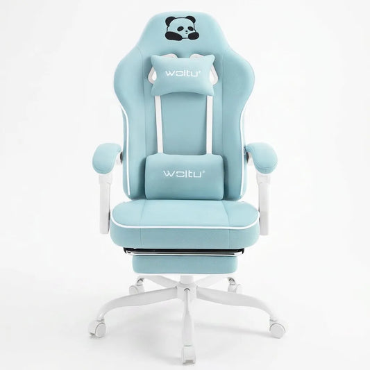 Fauteuil de bureau pivotant bleu clair, dossier haut à motif panda et repose-pieds