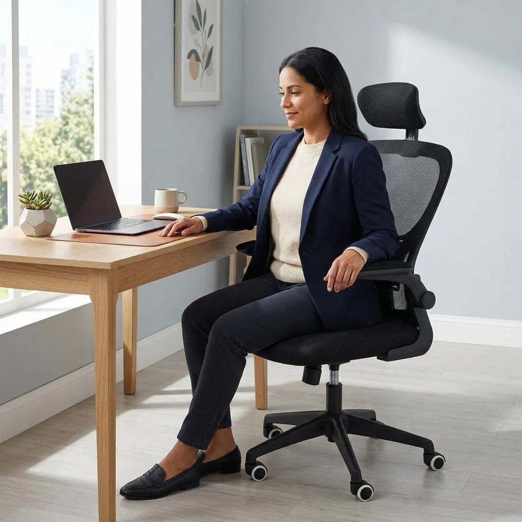 Fauteuil de bureau noir : accoudoirs escamotables, appui-tête 3D, dossier maillé