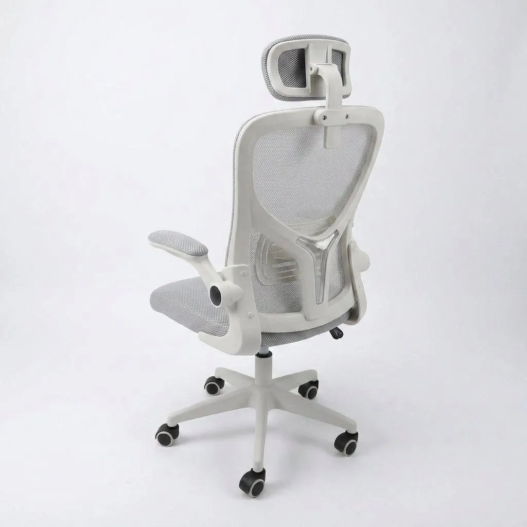 Fauteuil de bureau gris clair/blanc avec accoudoirs escamotables et appui-tête 3D