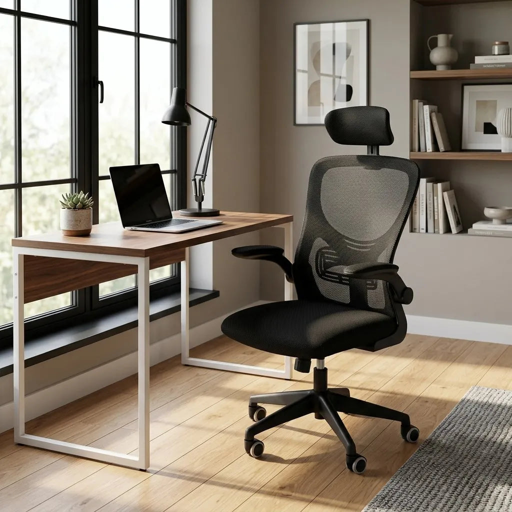 Fauteuil de bureau à dossier maillé gris et siège noir, accoudoirs et appui-tête