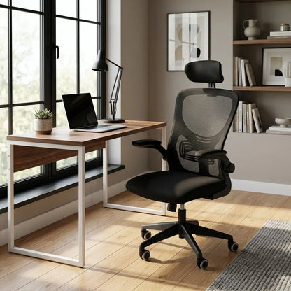Fauteuil de bureau à dossier maillé gris et siège noir, accoudoirs et appui-tête