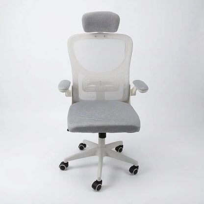 Fauteuil de bureau gris clair avec accoudoirs escamotables et appui-tête