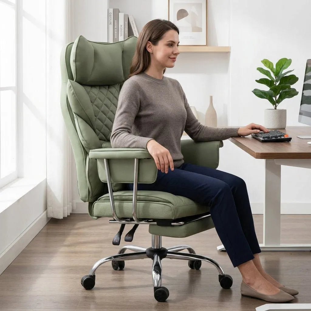 Fauteuil de bureau en cuir vert impérial, dossier matelassé et roulettes pivotantes.