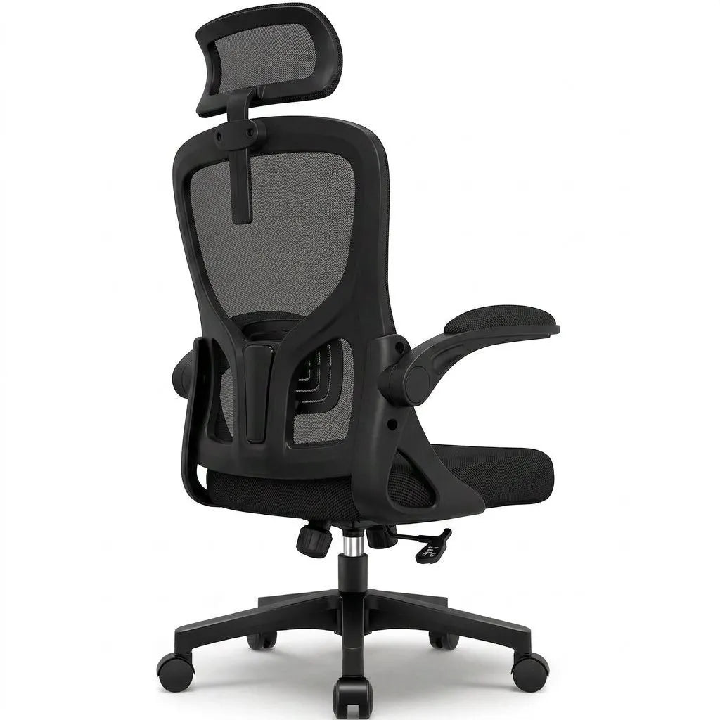 Fauteuil de bureau noir, dossier en maille respirante et appuie-tête, accoudoirs, roulettes