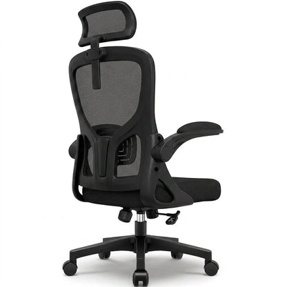 Fauteuil de bureau noir, dossier en maille respirante et appuie-tête, accoudoirs, roulettes