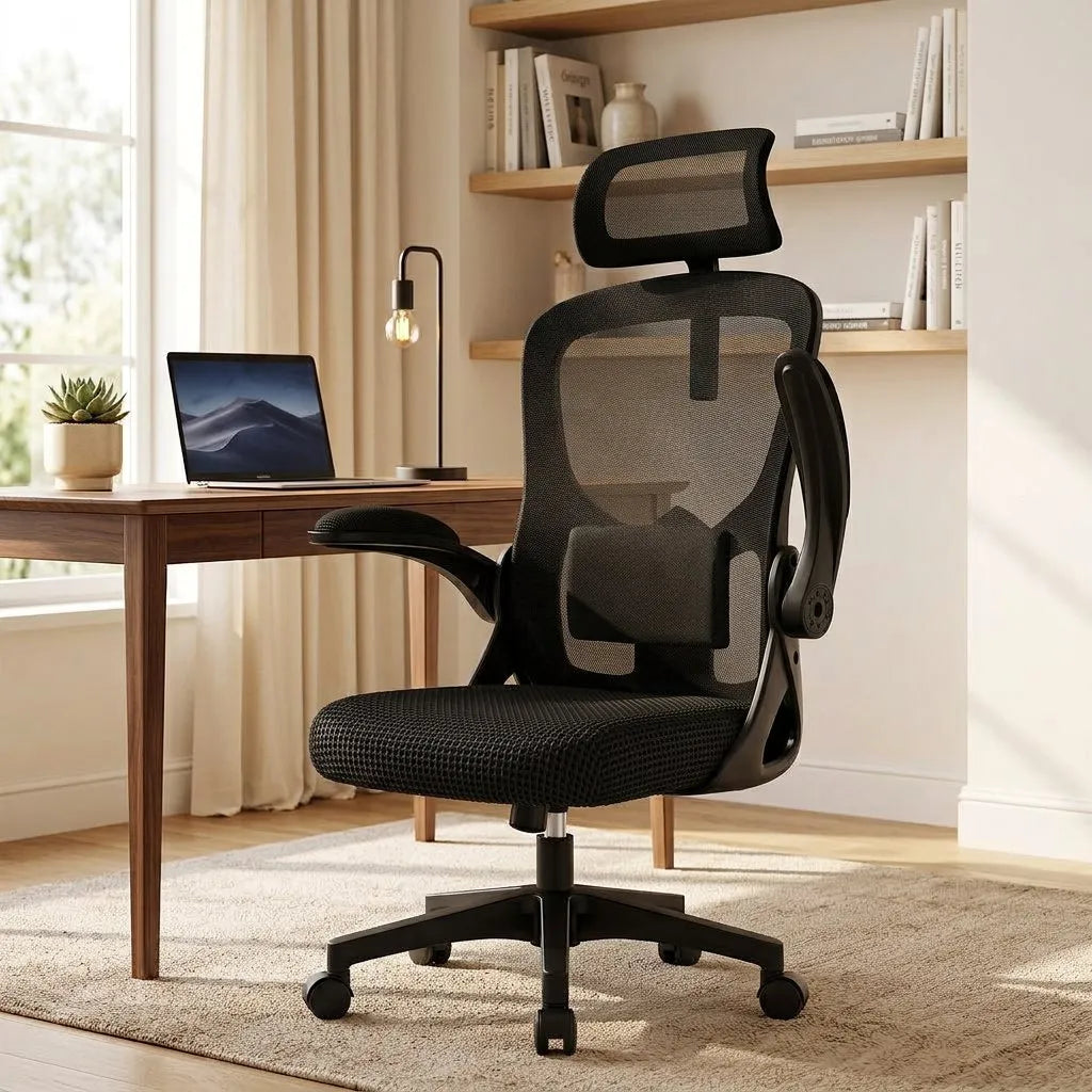 Fauteuil de bureau noir à dossier en maille et mousse rembourrée, accoudoirs, base roulettes