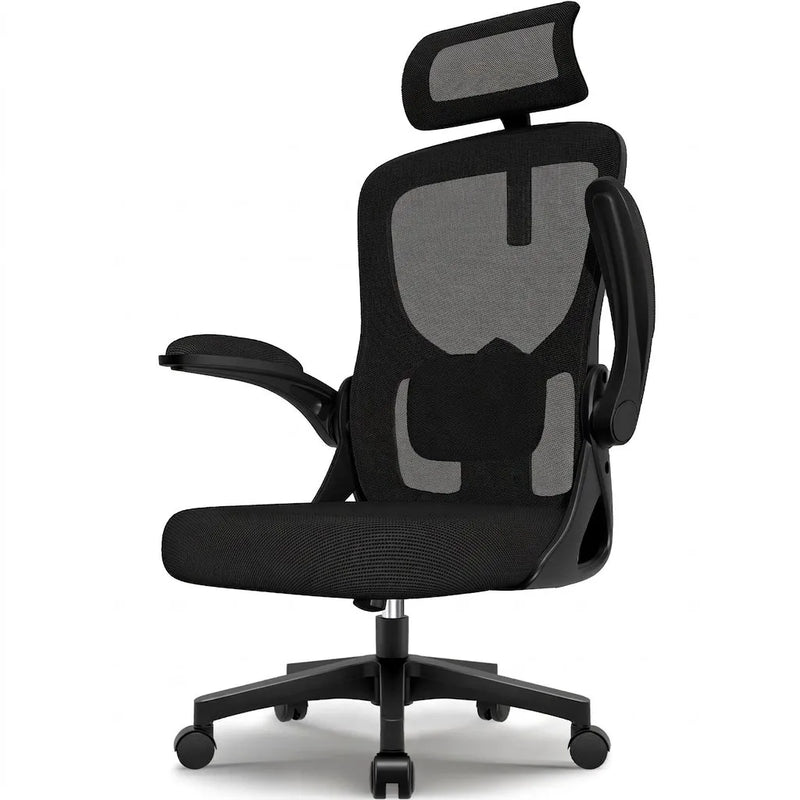 Fauteuil de bureau noir à dossier en maille, accoudoirs et assise rembourrée, roulettes