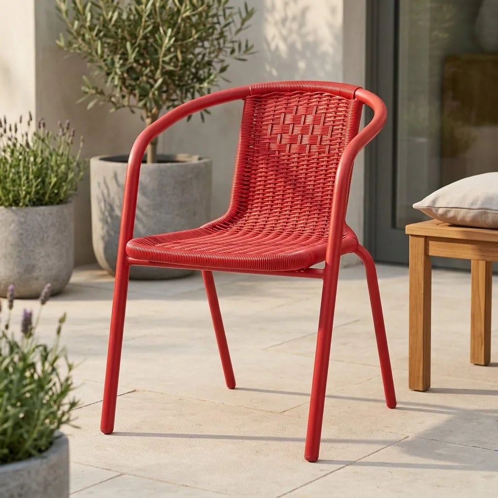 Fauteuil de jardin rouge en résine tressée, structure en métal